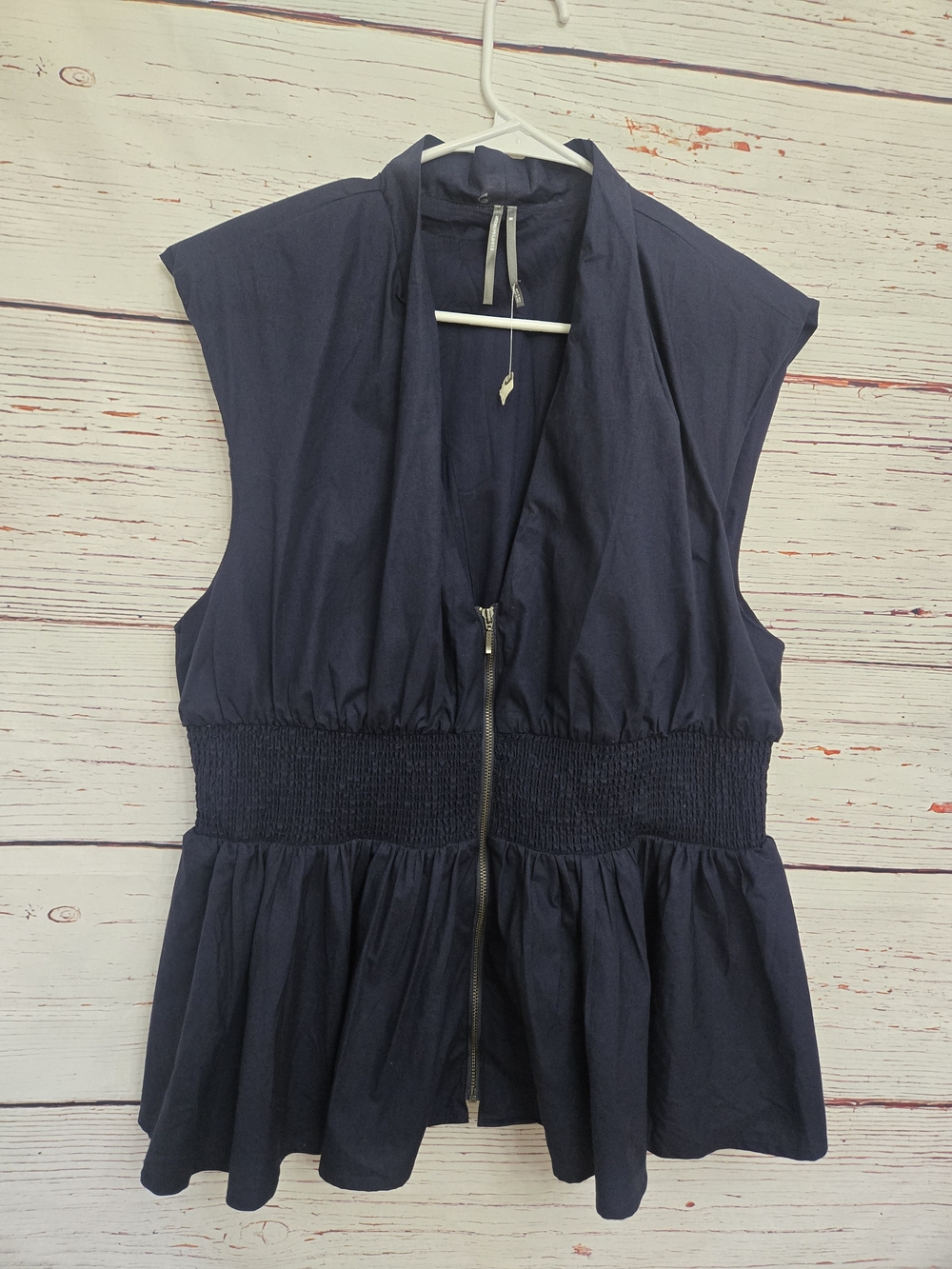 Anthropologie En Saison Brigitte Navy Zip Front Peplum Top XL